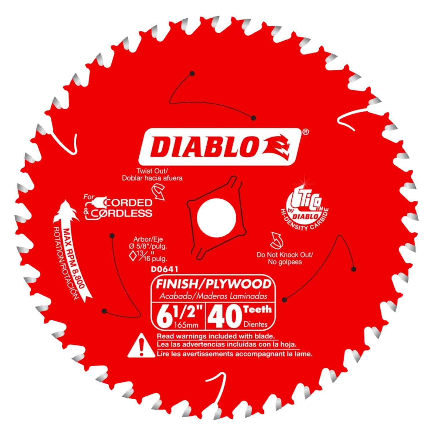 Diablo Hoja de sierra para corte de acabado de alto rendimiento para madera - 6-1/2 x 40 dientes, carburo Tico - D0641X