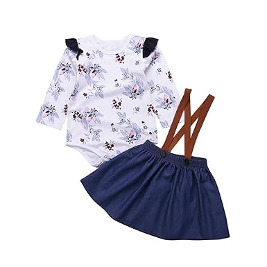 Kobay Babykleid Festlich Neugeborenes Baby Mädchen Floral Strampler Jumpsuit Denim Strap Rock Kleidung Set(