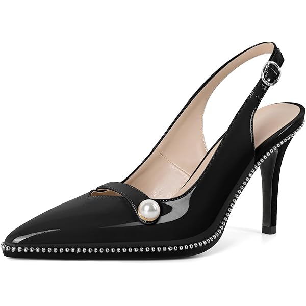 Women's Pointed Toe Slingback Pumps - Beaded Patent Leather Block Heel Shoes
