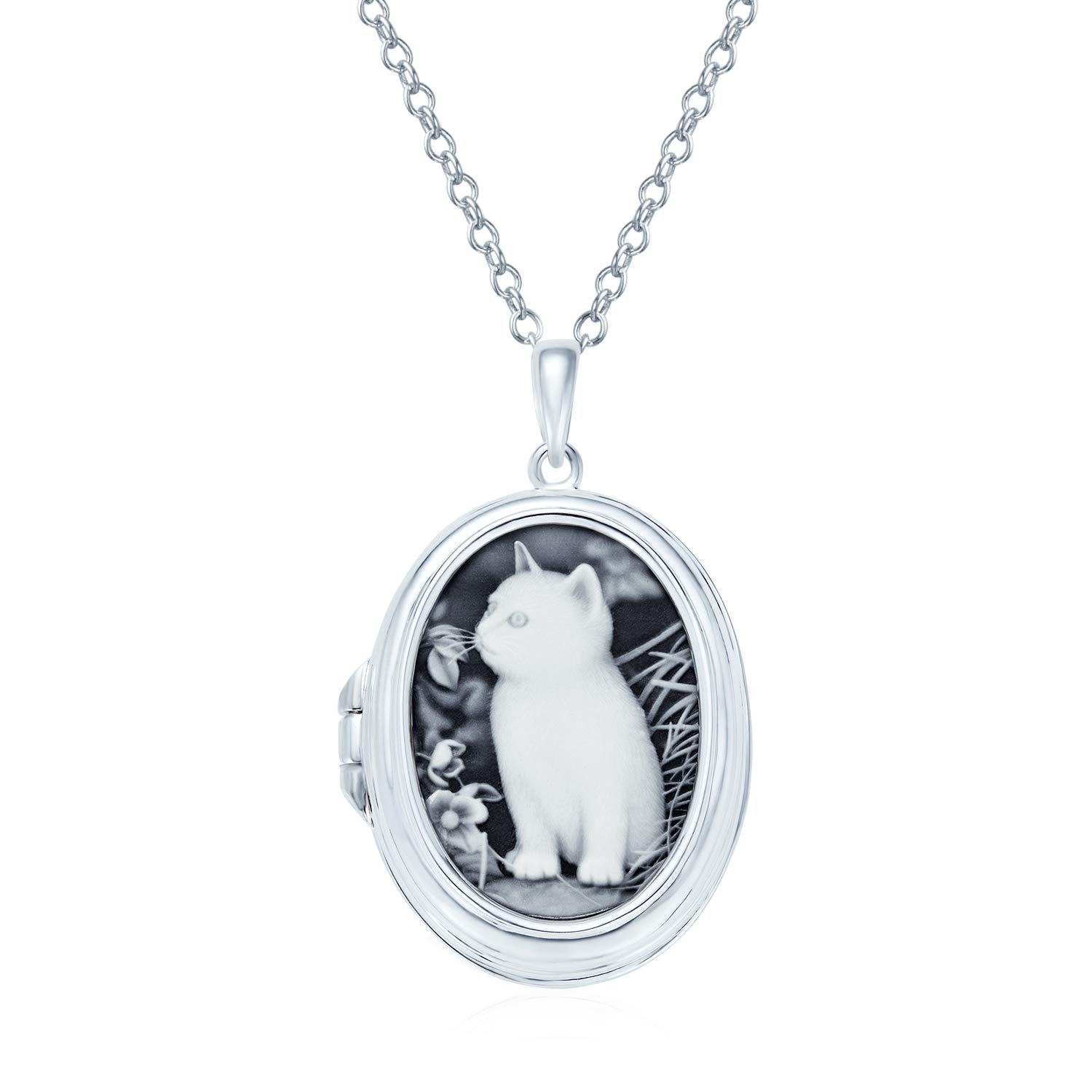 Personalized Custom Engraved Holds Picture Vintage Antique Style Simulated Black White Onyx Sitting Kitten Oval Cat Cameo Photo Locket Pendant Necklace For Women Teen .925 Sterling Silver