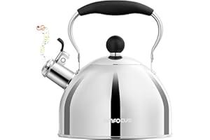 AMFOCUS Tea Kettle, 2 Quart Stainless Steel Whistling Tea Kettle, Stovetop Whistling Teakettle Tea Pots for Stove Top with Ergonomic Folding Handle, Small Teapot, Water boiler for Tea, Coffee (Silver)