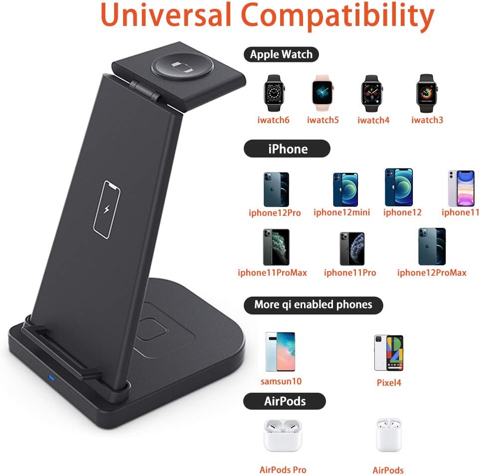 3 in 1 Wireless Charging Station, Phone Wireless Charger Stand Watch Charger Stand Compatible with iPhone 12 11 Pro Pro Max X XR XS 8 Samsung Galaxy S20+ S10 S9 iWatch 6/5/4/3/2 Airpods 2/Pro (Black)