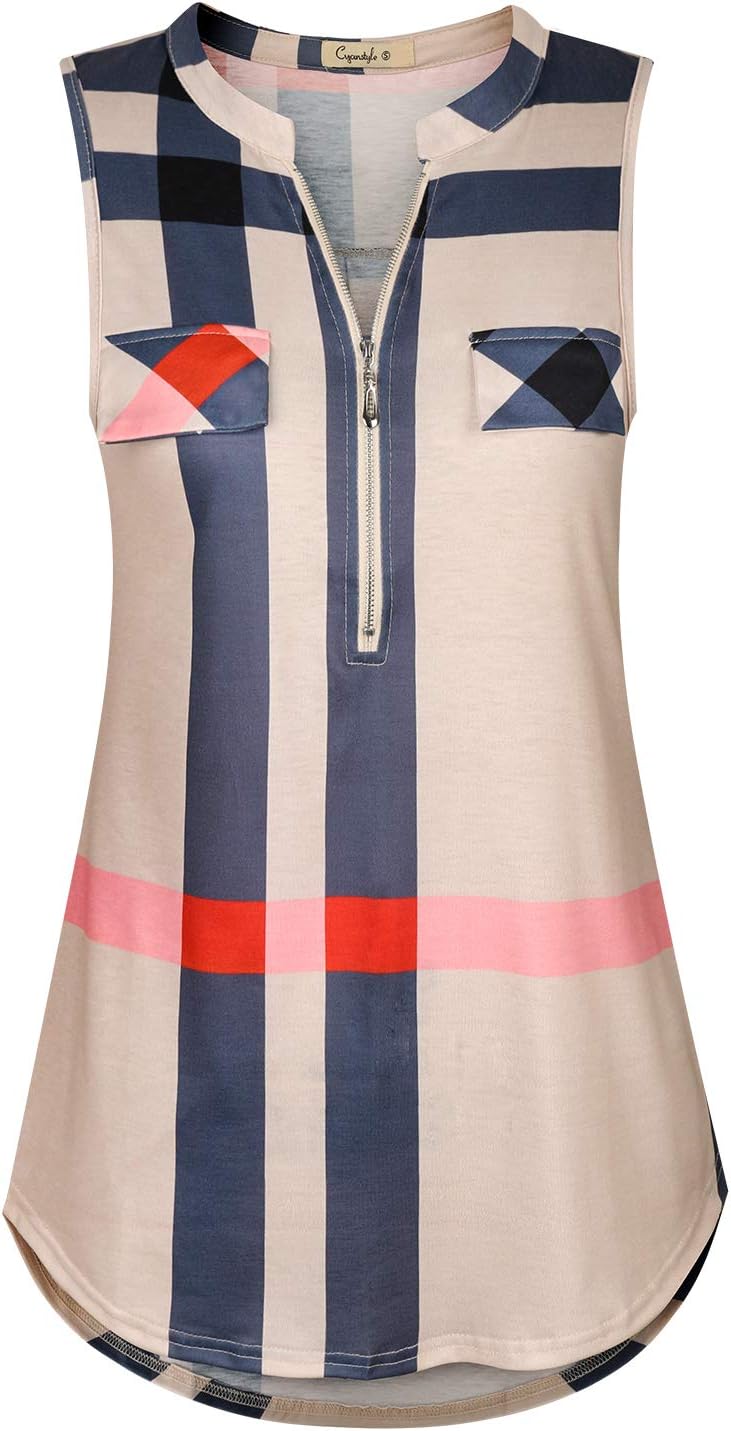 Cyanstyle Women's V Neck Zip Up Casual Tank Top Flaps at Chest Sleeveless Tunic