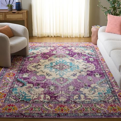 SAFAVIEH Monaco Collection Area Rug - 8' x 11', Violet & Light Blue, Non-Shedding & Easy to Clean, Distressed Medallion Design, Ideal for Living Room, Bedroom, Dining Space (MNC243L) Image