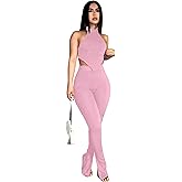 Ekaliy Two Piece Outfits for Women Sleeveless Crop Top Ribbed High Waist Long Pants Sets Party Jumpsuits Clubwear