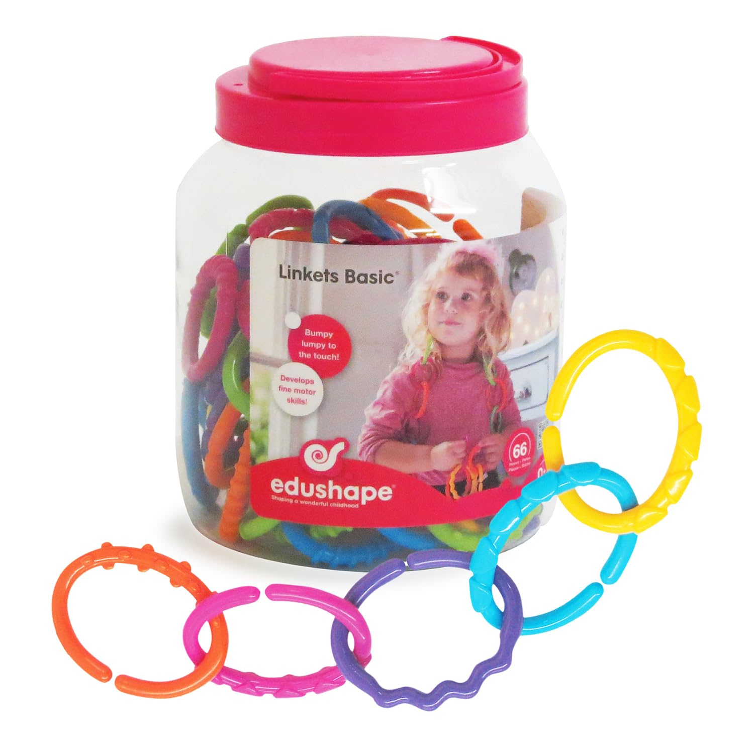 Edushape Linkets Sensory Activity Toy, Jar of 66 Tactile Linkets in assorted colours. Easily snap together to form links. Suitable from 3 months +