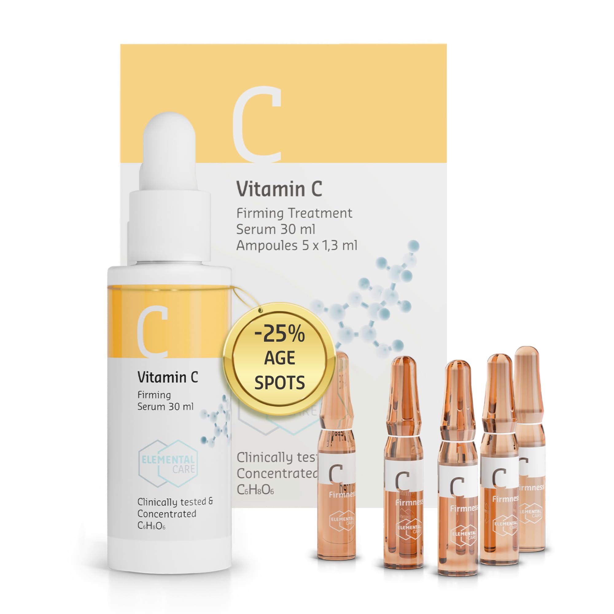 Elemental Care Vitamin C Firming Treatment Set 30ml Vitamin C Face Serum with 5x1.3ml Intensive Ampoules – Facial Serum for Firm, Glowing and Brightened Skin