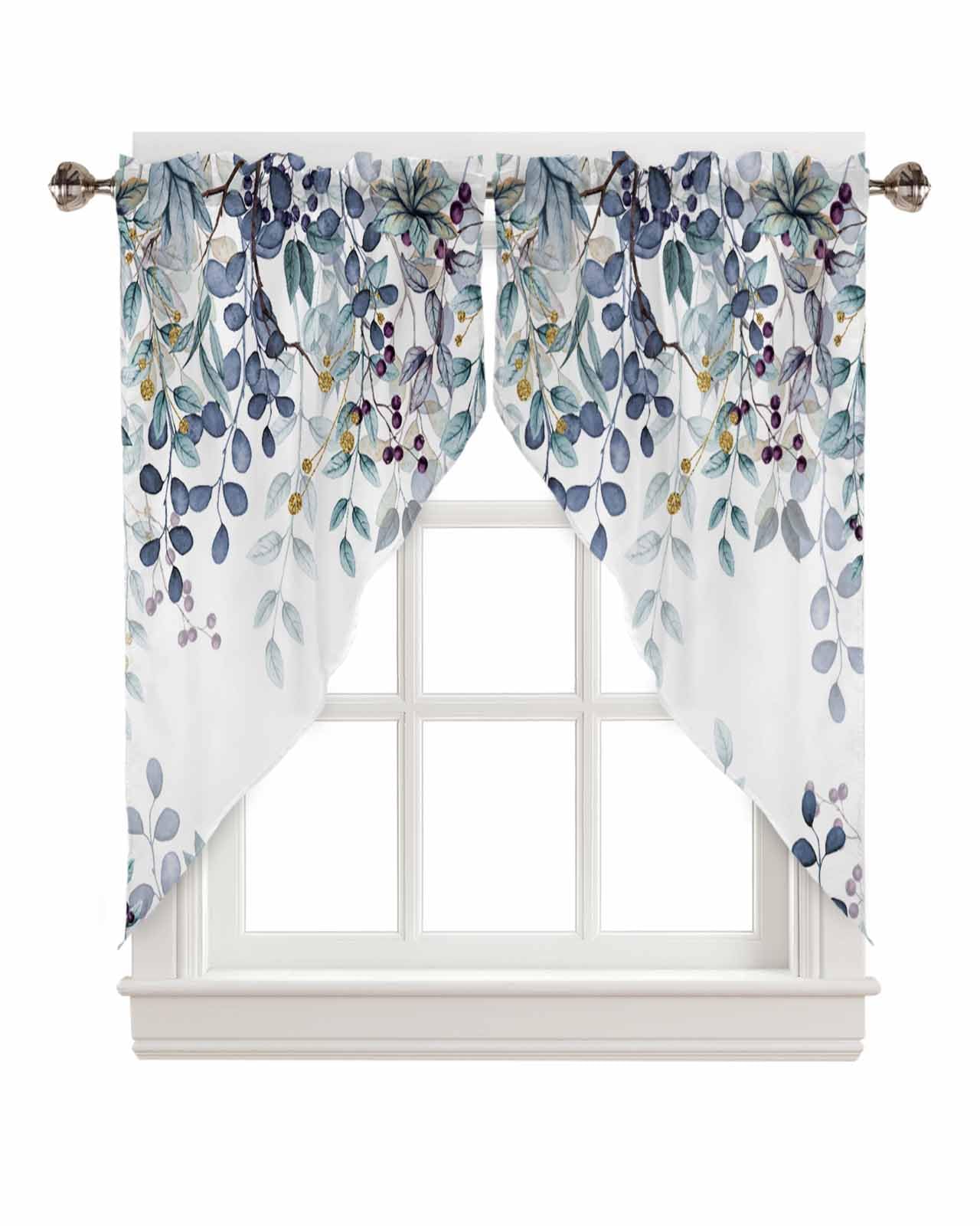 Photo 1 of Swag Curtain Valances Blue Eucalyptus Leaves Swag Valances for Kitchen Windows Berry Branch Nature Plant Short Topper Curtains Tier Pair for Kitchen Bedroom Living Room Bathroom Cafe 36"x56"