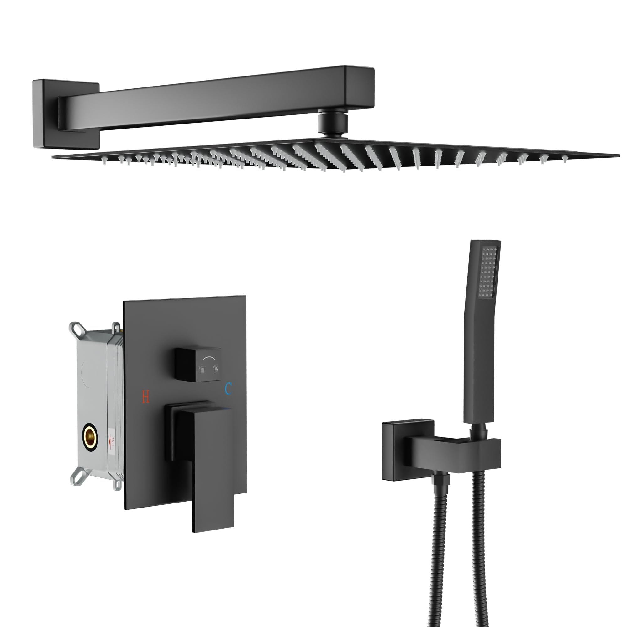 Photo 1 of **MISSING PARTS***Lordear Rain Shower System 12 Inch Shower Head Faucet Set Matte Black Stainless Steel Square Wall Mounted Rainfall Shower Head with Handheld, Solid Brass Valve Included