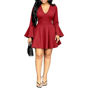 Women's Skater Dress Deep V Neck Long Sleeve A Line Flared Party Mini | Darted fitted waist. Trumpet bell cuffs. Pinup rockab
