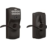 Schlage Electronic Keypad Lock, Lever Handle, Camelot Trim, Aged Bronze | Keypad door lock with handle, Keyless entry, Push button keypad, Flex Lock auto-lock option, Certified security, FE595
