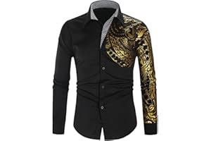 WODCEEKE Gold Embroidery Shirts for Men Slim Fit Long Sleeve Button Down Hipster Party Dress Shirts Fashion Blouse Tops