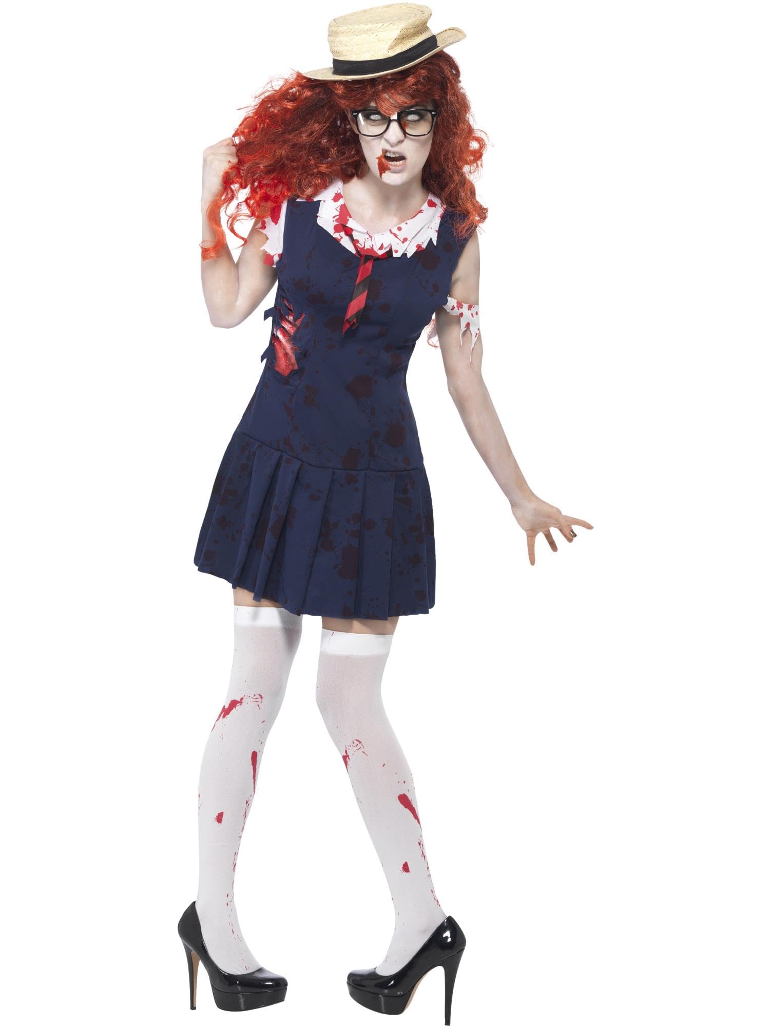 Smiffys High School Horror Zombie College Student, Navy with Dress & Hat, Halloween Zombie Alley Fancy Dress, Zombie Dress Up Costumes