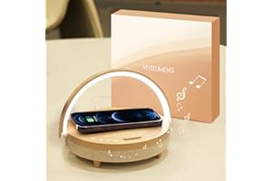 Vivilumens Birthday Gifts for Women, 5 in 1 Bedside Lamps with Wireless Charger Bluetooth Speaker White Noise Machine, Dimmable Touch lamp with Phone Holder, Personalized Night Light (Rosy Beige