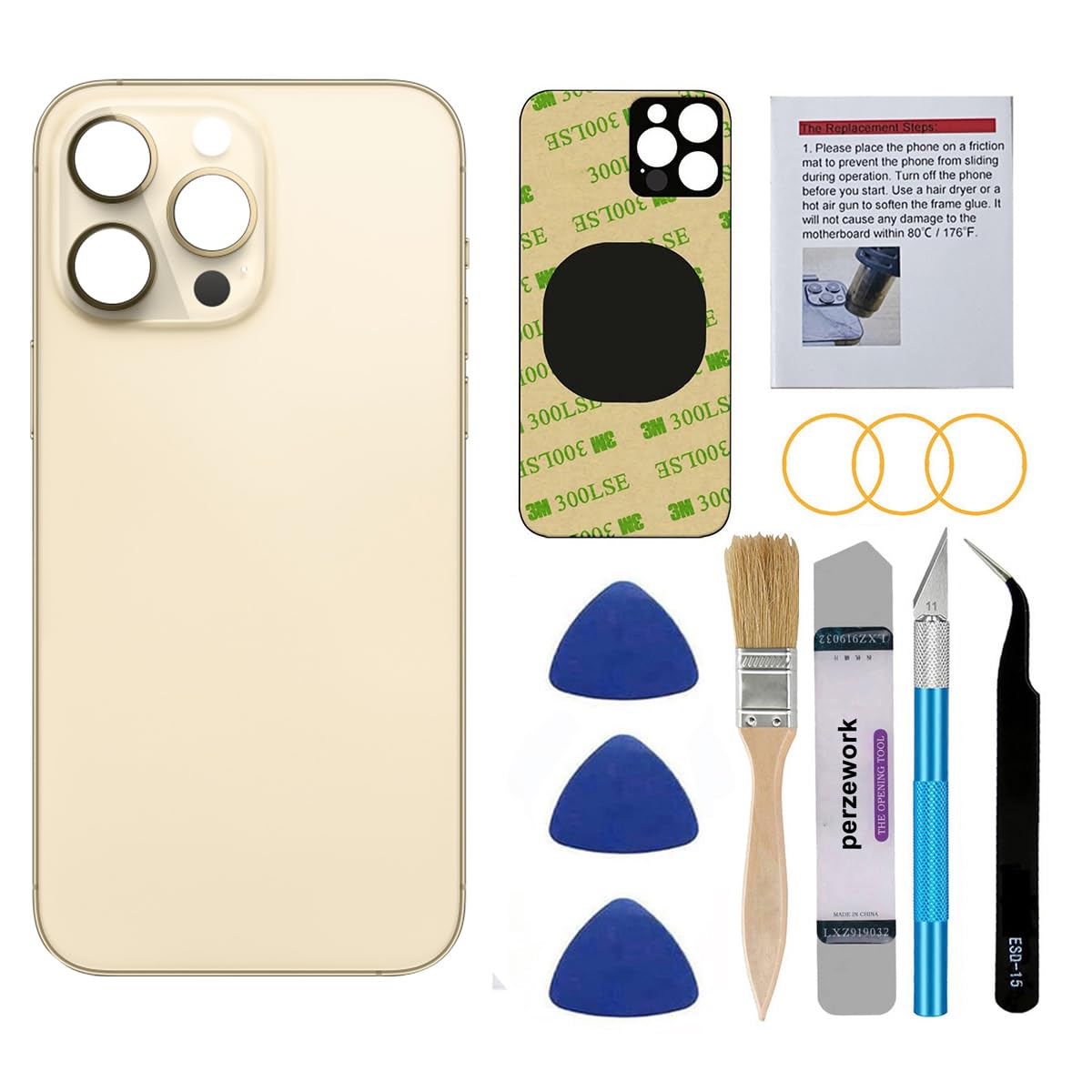 Photo 1 of Perzework OEM Rear Back Glass Replacement for iPhone 14 Pro Max 6.7 inches with Reparing Toolkit and Pre-Installed Adhesive (Gold)