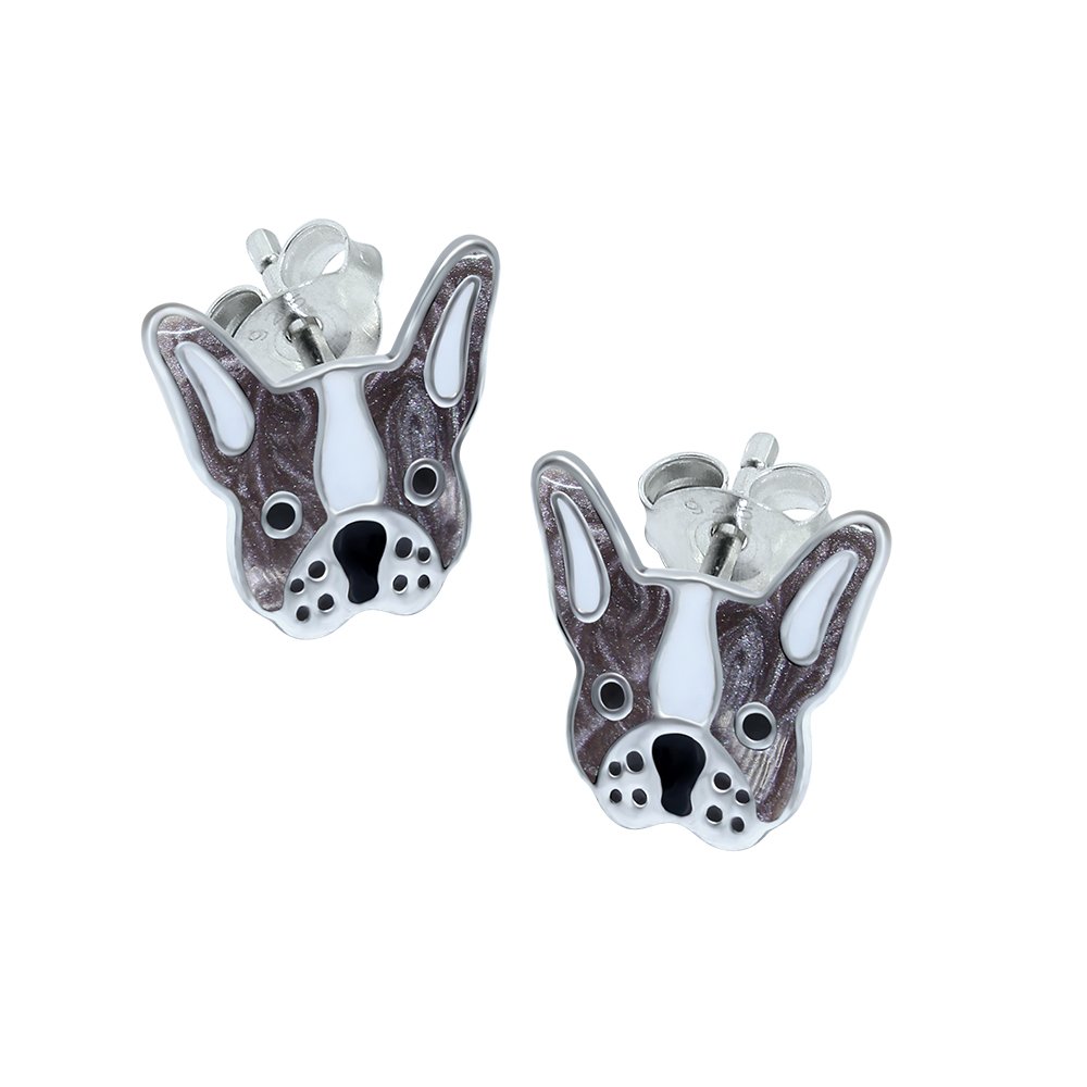 French Bulldog Earrings - Sterling Silver in Grey and White