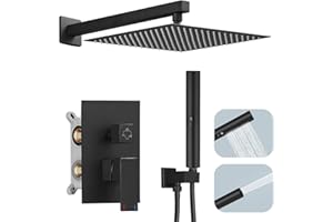 Hoimpro 12 Inch Shower Head System set Bathroom Rain Mixer Shower Head 2 In 1 Handheld Sprayer Wall Mounted, Square Rainfall Shower Faucet Fixture Combo Valve Kits Brass Showerhead, Matte Black