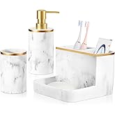 Shinowa Bathroom Accessories Set, Marble Look Toothbrush Holder and Soap Dispenser Set, Bathroom Countertop Décor Sets with Lotion Dispenser Soap Pump, Tumbler, Bathroom Organizer Accessories