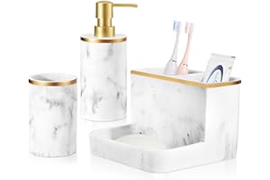 Bathroom Accessories Set, Shinowa Marble Look Toothbrush Holder and Soap Dispenser Set, Bathroom Countertop Décor Sets with L