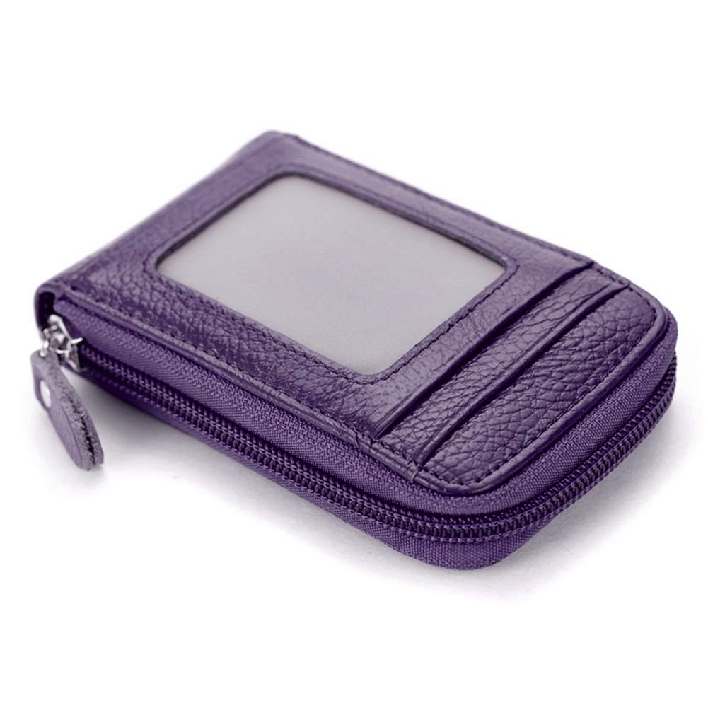 BAKUN Premium Leather Slim Zipper Business/Credit Card Case Holder with Clear Photo Slot, Security Travel Wallet, Purple, M, Casual
