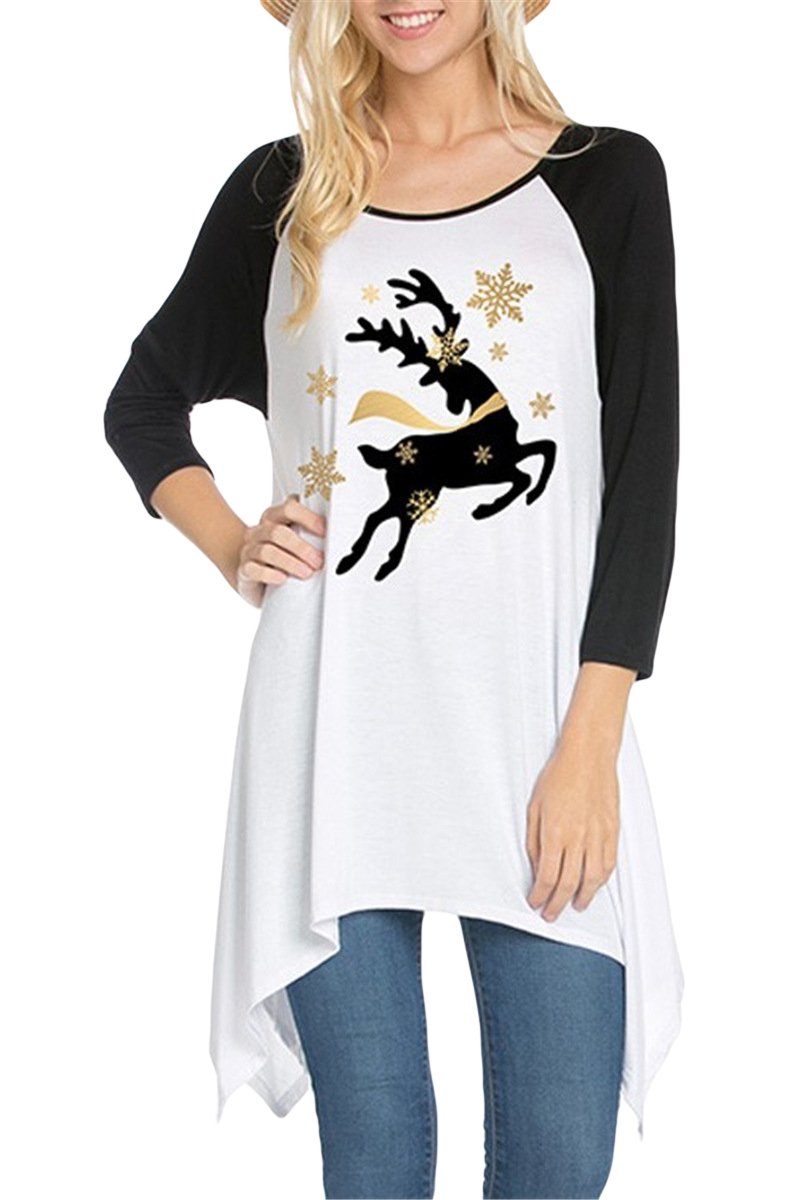 Chvity Women Long Sleeves Reindeer Print Tunic Tops Christmas Xmas Gifts T-shirt Blouse (S, Black)