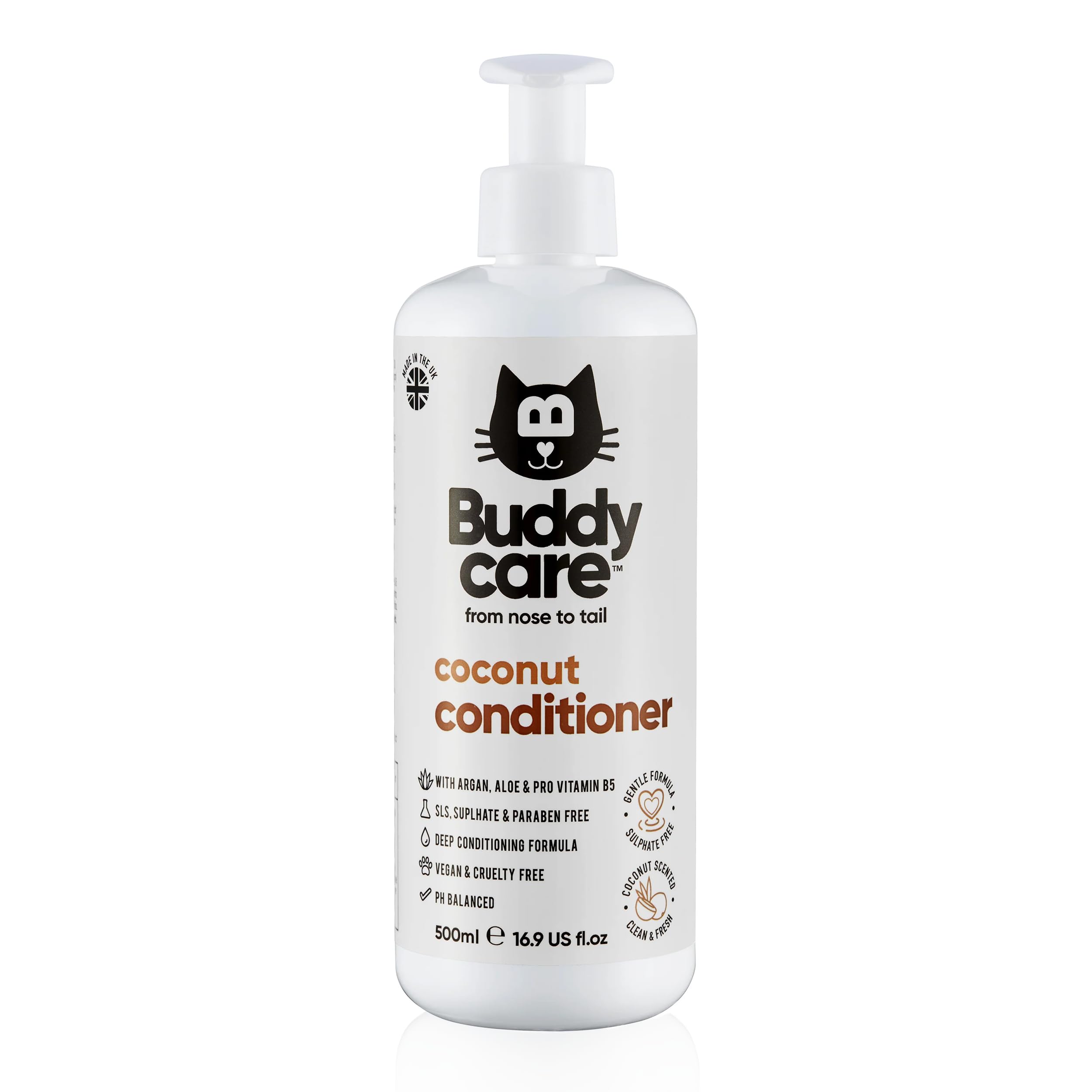 Buddycare Coconut Cat Conditioner (500ml) Cruelty-Free, Vegan Grooming Product | pH Balanced, SLS, Sulphate & Paraben-Free | Ideal to Use with Shampoo – Also Suitable for Kittens from 8 Weeks