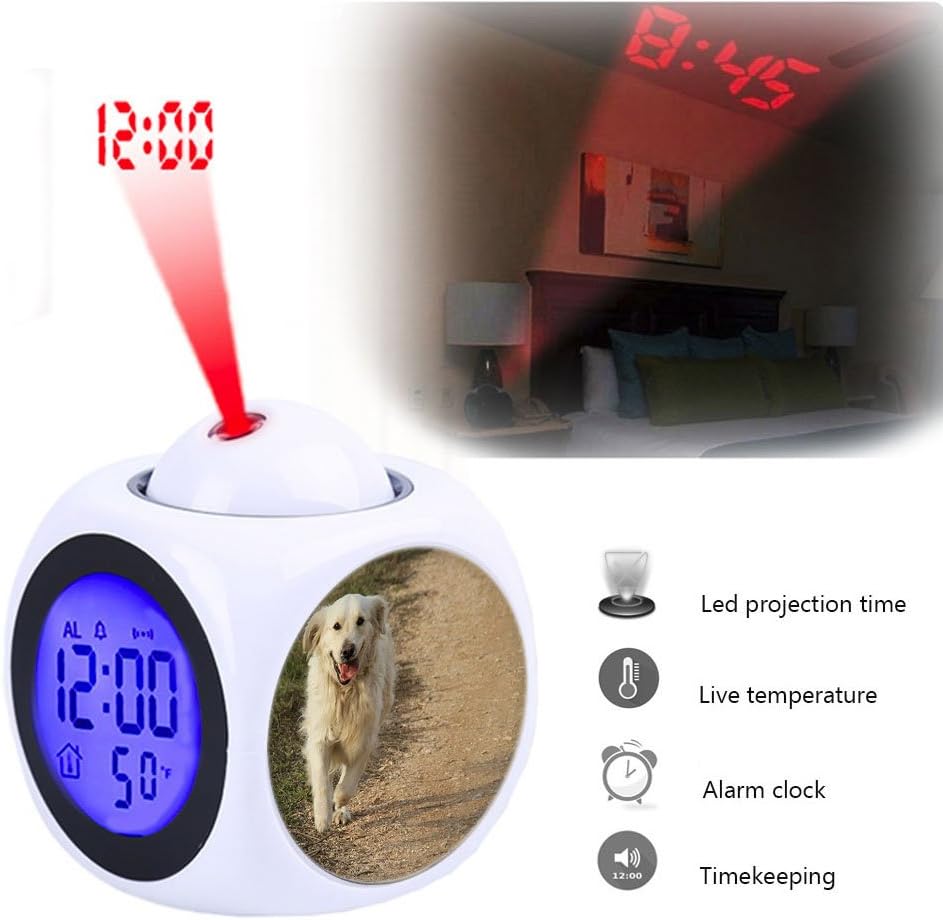 Projection Alarm Clock Wake Up Bedroom with Data and Temperature Display Talking Function, LED Wall/Ceiling Projection,Customize the pattern-154. Golden retriever running on a dirt road