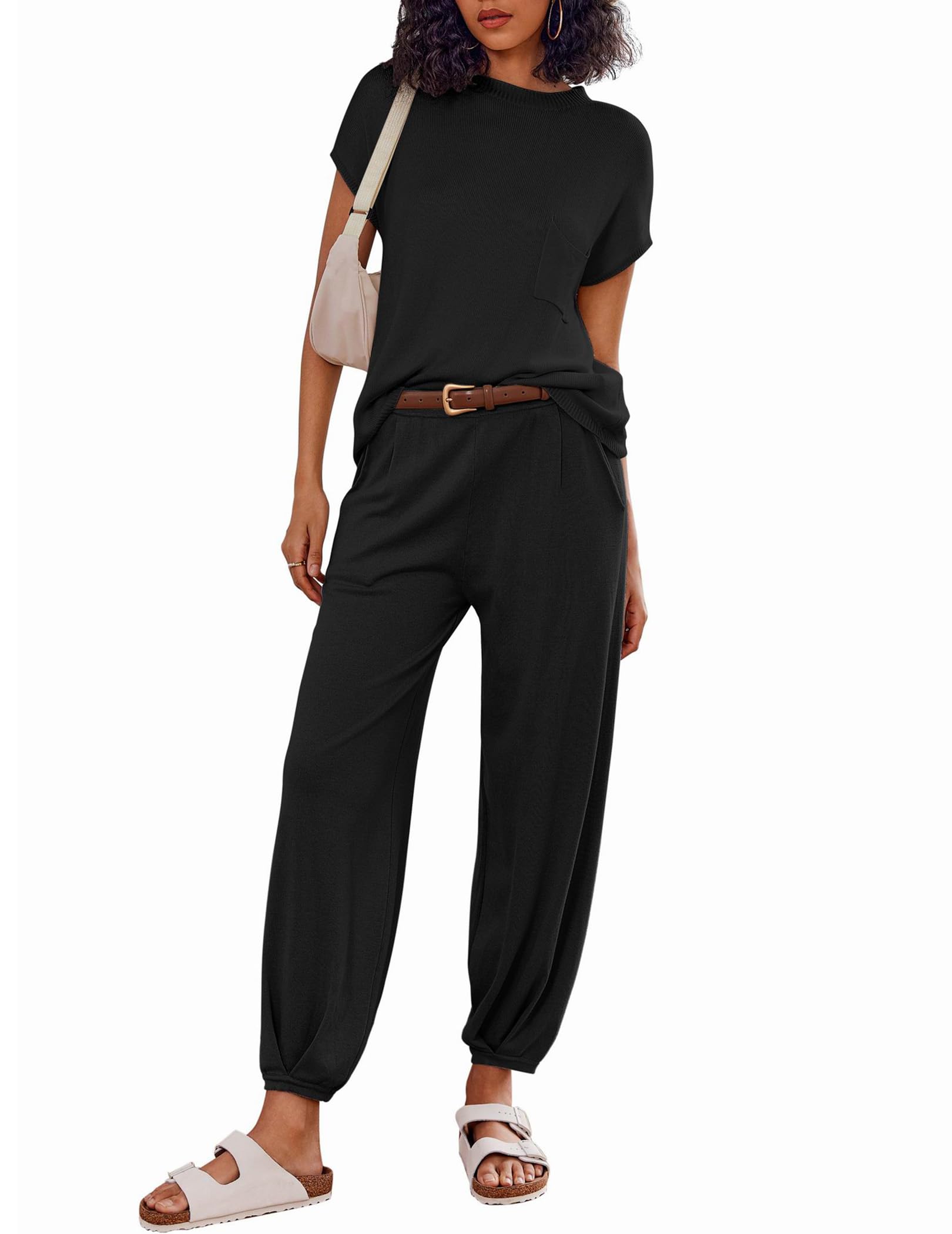 Photo 1 of **TOP ONLY**Ekouaer Two Piece Outfits Lounge Sets for Women Sweater Sets Knit Short Sleeve Tops Jogger Pants Matching Tracksuit,Black,Medium