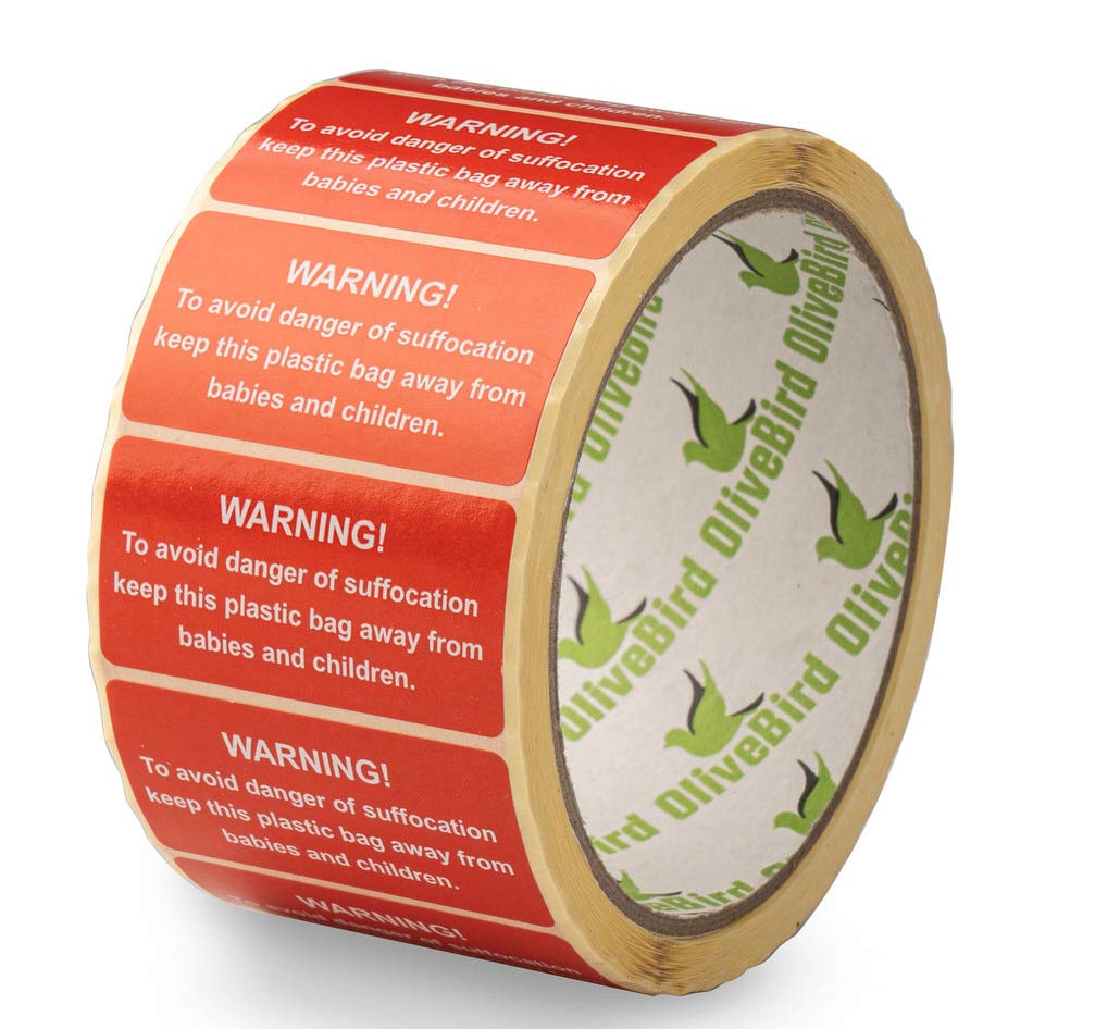 OliveBird 1,000 Suffocation Warning Labels for Cellophane Bags Warning of Suffocation Safety Stickers Size 50x25mm / 1,000pcs. per 1 roll.