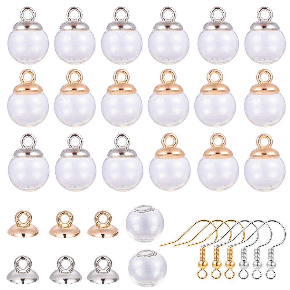 SUNNYCLUE 1 Box 40Pcs 12mm Mini Empty Clear Glass Globe Bottle Wish Glass Ball, 40Pcs Plastic Pendant Bails and Earring Hooks for DIY Pendant Charms Stud Earring Making, Silver & Golden