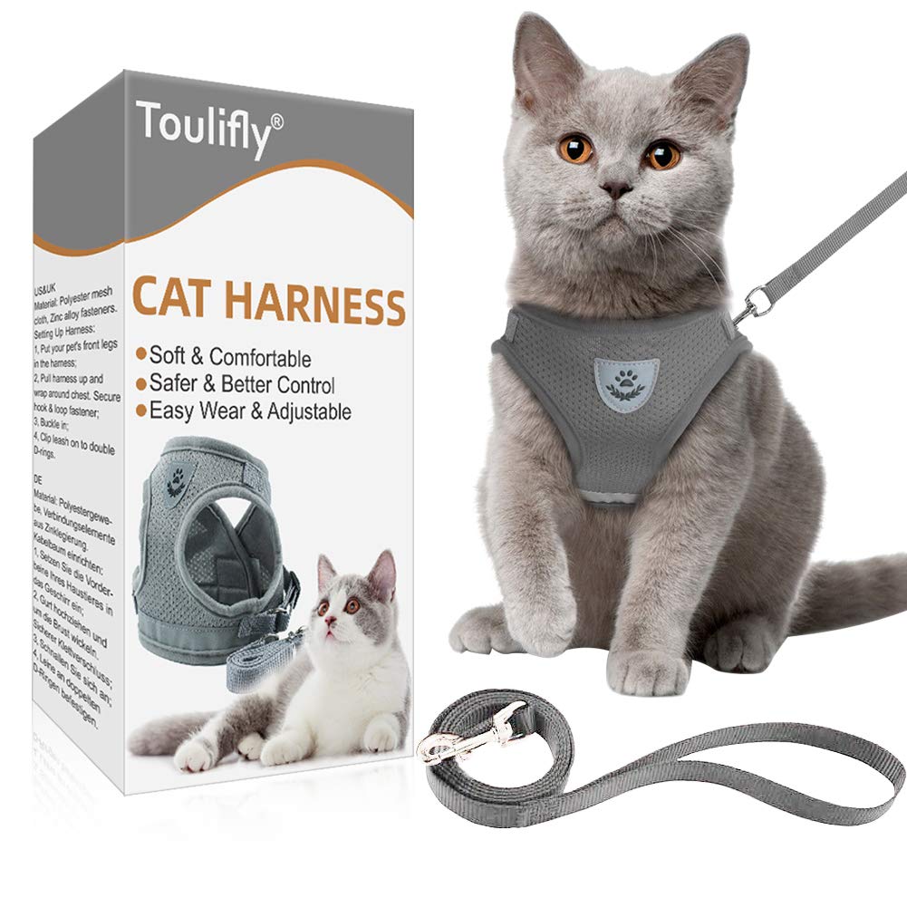 Toulifly Cat Harness, Kitten and Puppy Universal Harness with Leash Set, Escape Proof Soft Mesh Adjustable Vest Harnesses, Cat Vest Harness with Reflective Strap (S)