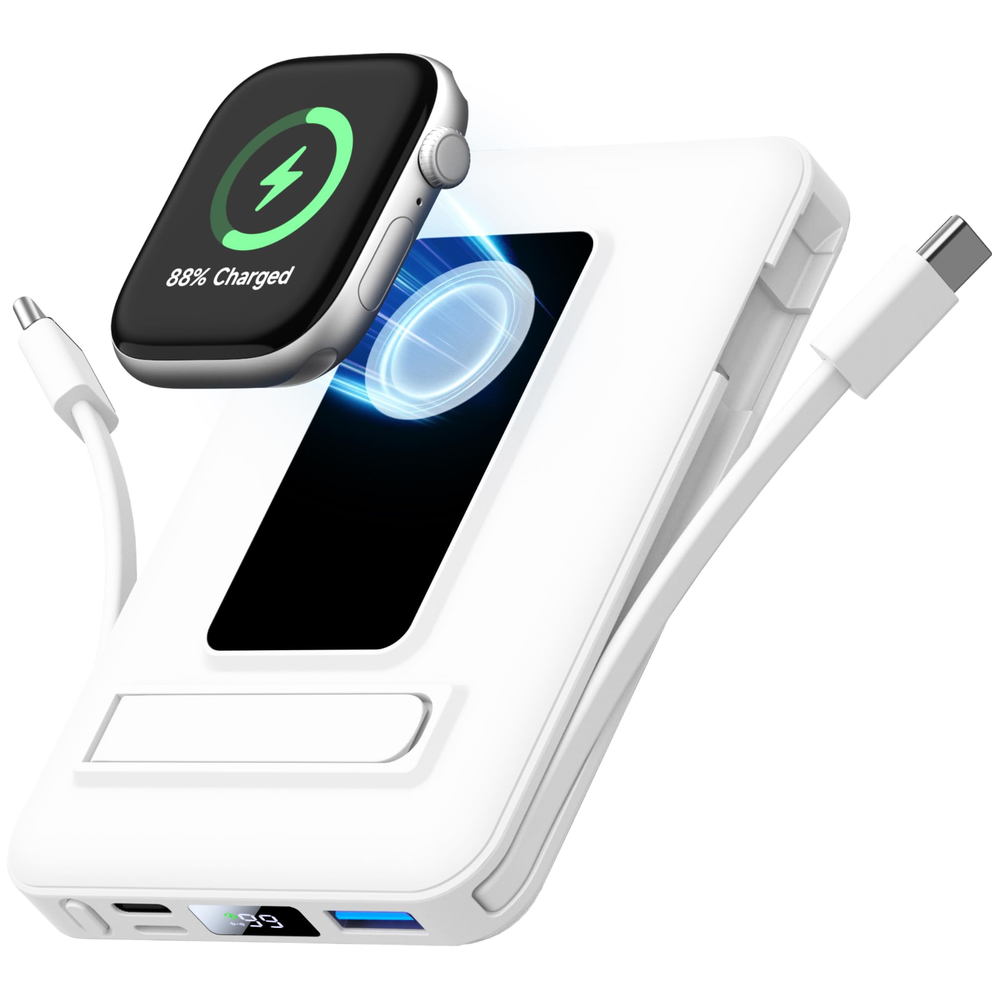 Vexnara Magnetic Portable Charger, 10000mAh Wireless Power Bank for iPhone with Built-in Cables, 20W Fast Charging for Magsafe Battery Pack with Stand for iPhone Air/17/16/15/14/13/12 and Apple Watch