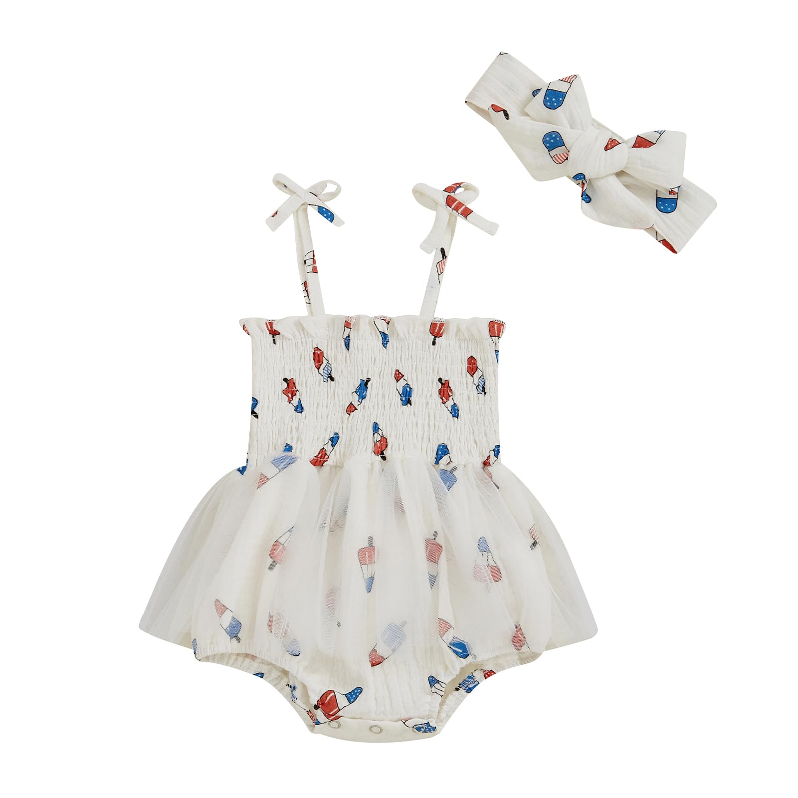 Photo 1 of Newborn 4th of July Outfit Girl Baby First Fourth of July Clothes Infant Sleeveless USA Tulle Romper Dress (White Ice Cream, 6-12 Months)
