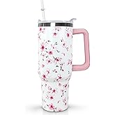 Ceovfoi 40oz Cherry Blossoms Insulated Stainless Steel Travel Tumbler with Handle, Lid and Straw, Pink Cherry Blossoms Floral Design, Perfect for Women, Adults, Home, Travel, Nursing