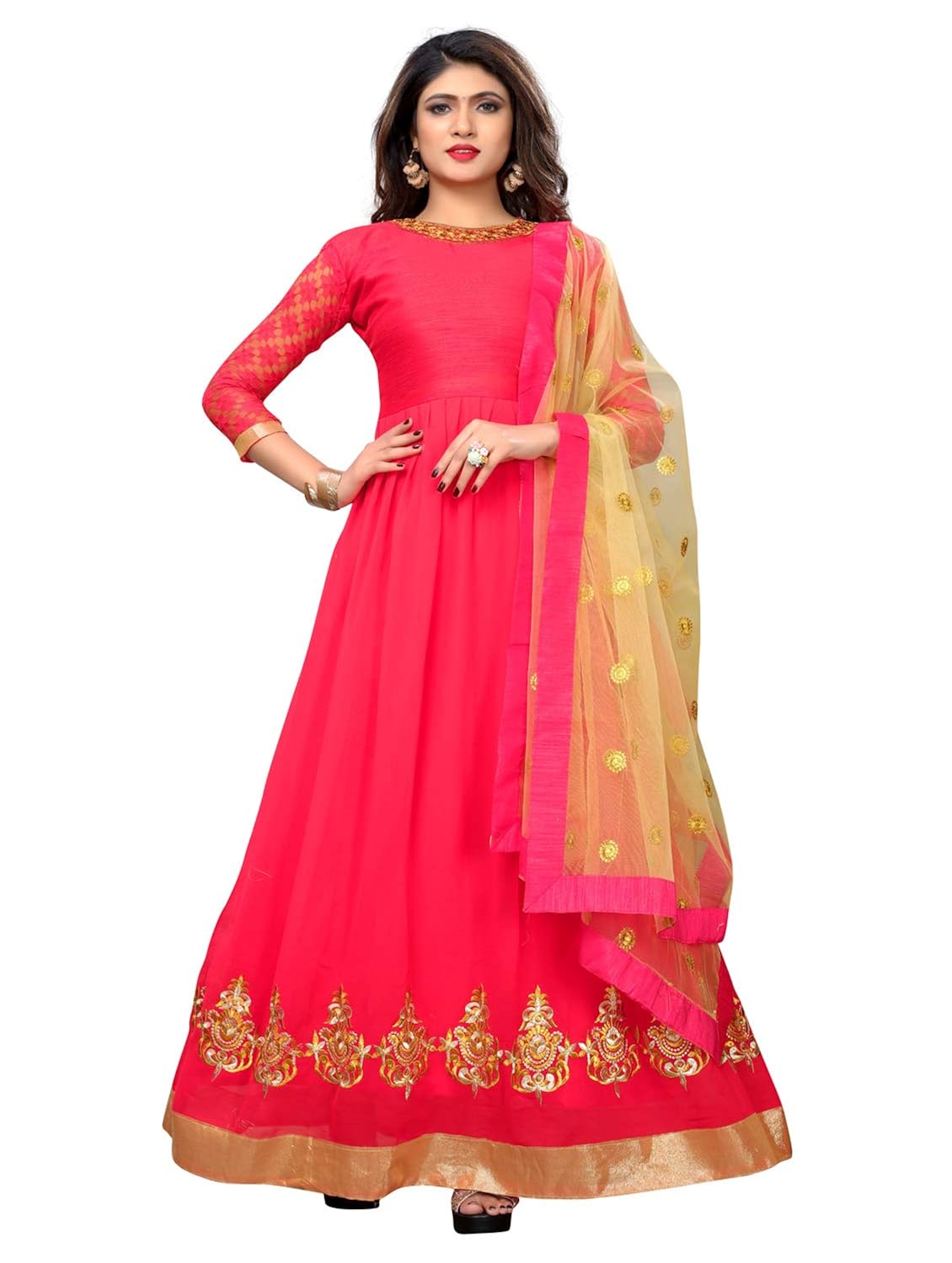 nityanta fab women's georgette semi-stitched embroidered gown (gv_peach, multicolour, free size)