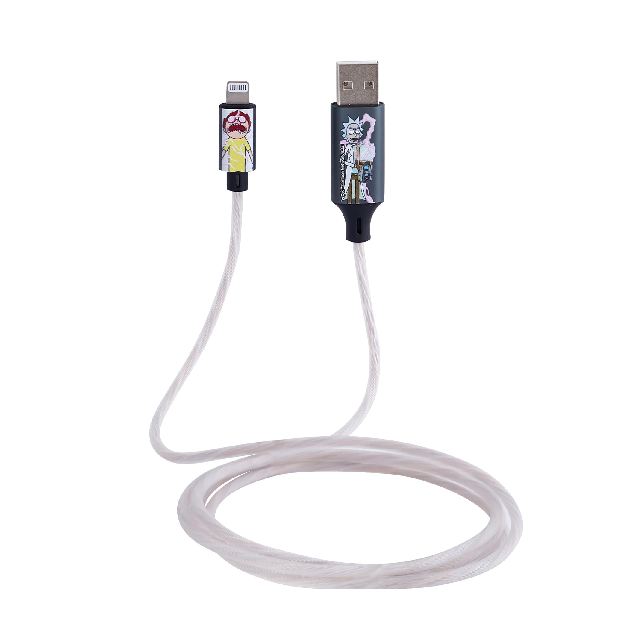 Official Licensed Rick And Morty Light Up MFI Lightning Charging Cable With Flowing Light Effect, Fast Charge And Data Sync. For iPhones, Tablets, iPads, Bluetooth Headphones, Power Banks Etc.