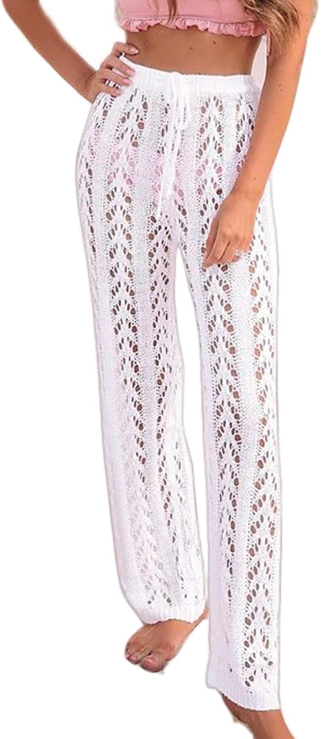 Suncolour Womens Crochet Trousers Hollow Out Beach Pants Sexy Swimsuit