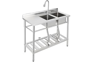 EliteEdge 39x18x40 Inch Double Bowl Utility Sink - Stainless Steel Commercial Sink with Pull-Down Faucet & Hot/Cold Water Pip