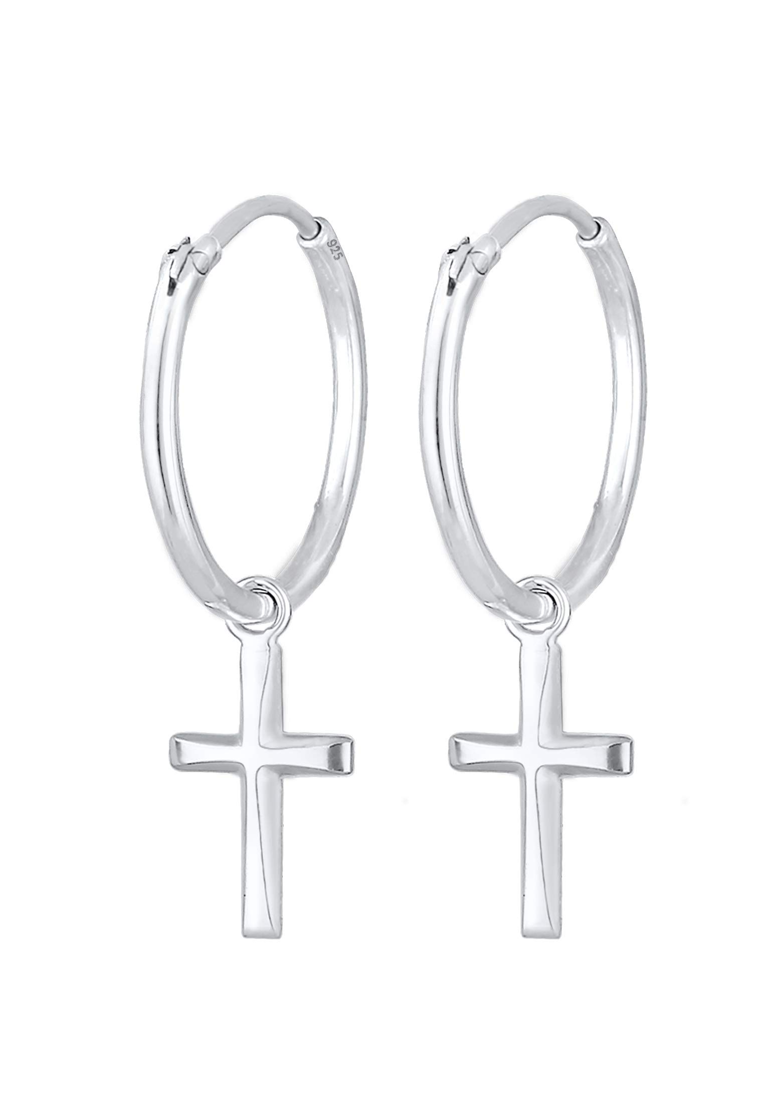 Elli Earrings Ladies Creoles Cross Pendant Faith Religion in 925 Sterling Silver