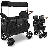 WonderFold W2 Luxe Stroller Wagon, Steel Frame, 2 Seater, Black | Collapsible Stroller Wagon with an Adjustable Canopy &amp; Push Handle, XL All-Terrain Wheels &amp; 5-Point Harnesses for Kids