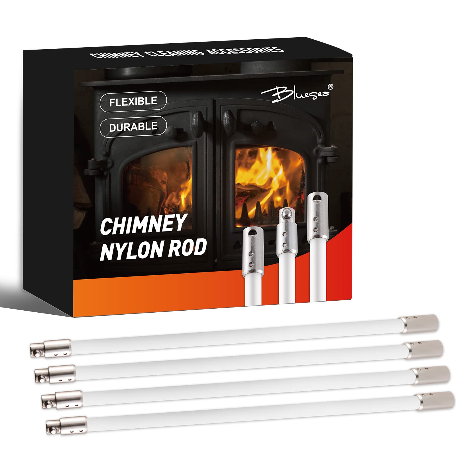 Bluesea 4 Pieces Chimney Sweep Kit Nylon Rod, Chimney Cleaning Kit Accessories with Hex Key and Adapter for Electric Drill, Flexible Nylon Rod for Chimney Brush, Extends to 13 Feet for Easy Cleaning. Image