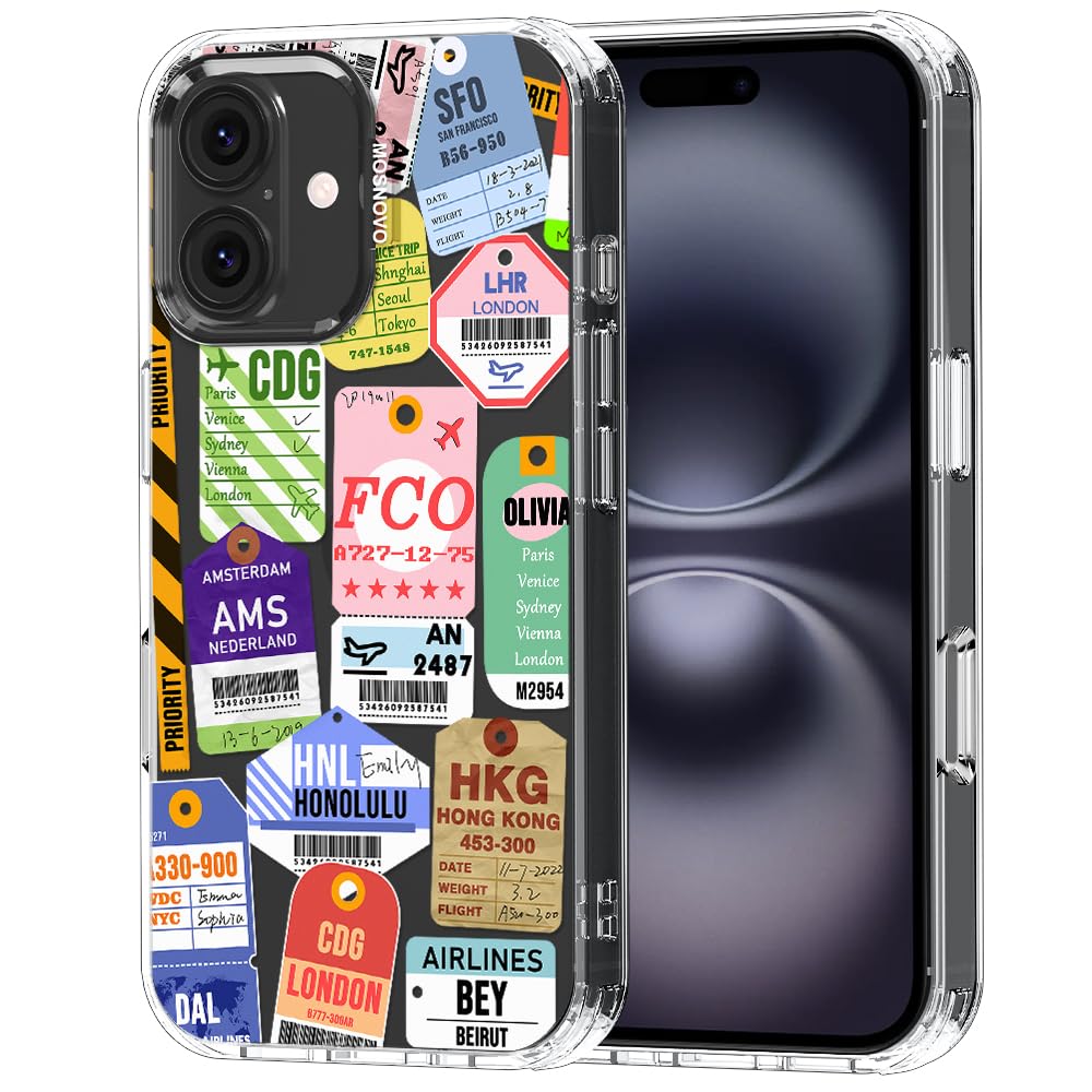 MOSNOVO Case for iPhone 16 Plus, [Buffertech 6.6ft Military-Grade Drop Protection] [Anti Peel Off Tech] Clear TPU Bumper Phone Case Cover Design - Air Ticket Labels
