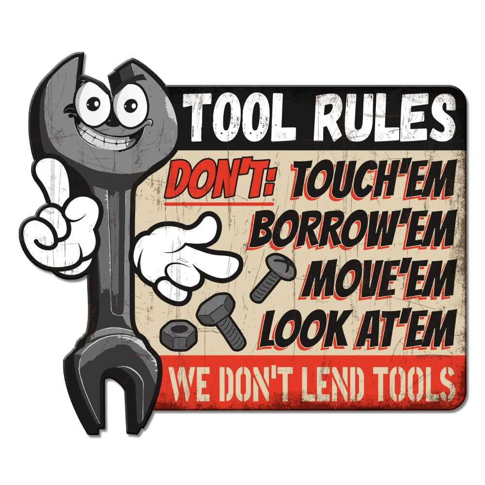 GLOBLELAND "Tool Rules" Vintage Metal Tin Sign Retro Tools Sign for Workshop Plaque Poster Metal Wall Decorative Tin Signs for Home Restaurant Coffee Shop Club Bar Decoration