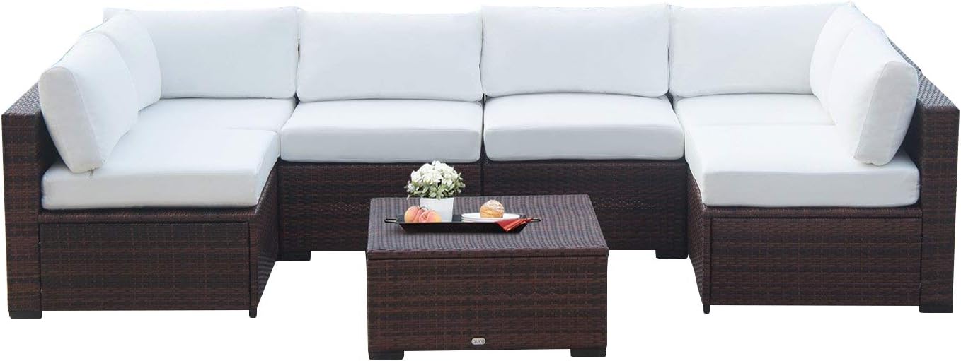 Auro Outdoor Furniture 7-Piece Sectional Sofa Set All-Weather Brown Wicker with Water Resistant Olefin Cushions for Patio Backyard Porch Pool | Incl. Waterproof Cover&Clips (White)
