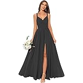 homdor Women's Chiffon Bridesmaid Dresses Long Spaghetti Straps V Neck Ruched A Line Formal Dress