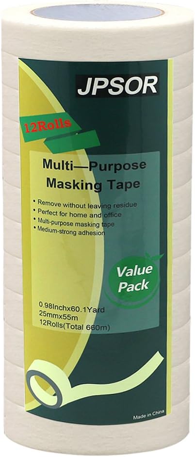 1 Inch White Masking Tape Bulk 12 Packs 60.1 Yards (720 Total Yards) for Multi Purposes, Easy Peel and Tear, for Painting, Home, Office: Office Products