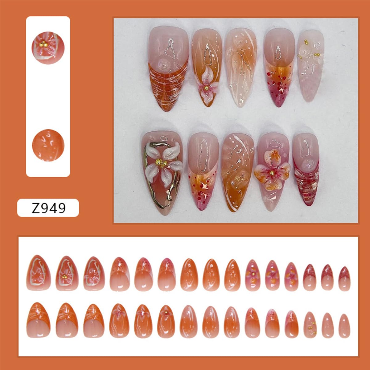 24Pcs Medium Press on Nails Almond Fake Nails with Flower Petal Charms Design Stick on Nails 3D Texture Ripple Flower Acrylic Nails Orange Pink French Tip Glue on Nails Stiletto False Nails for Women - Image 2
