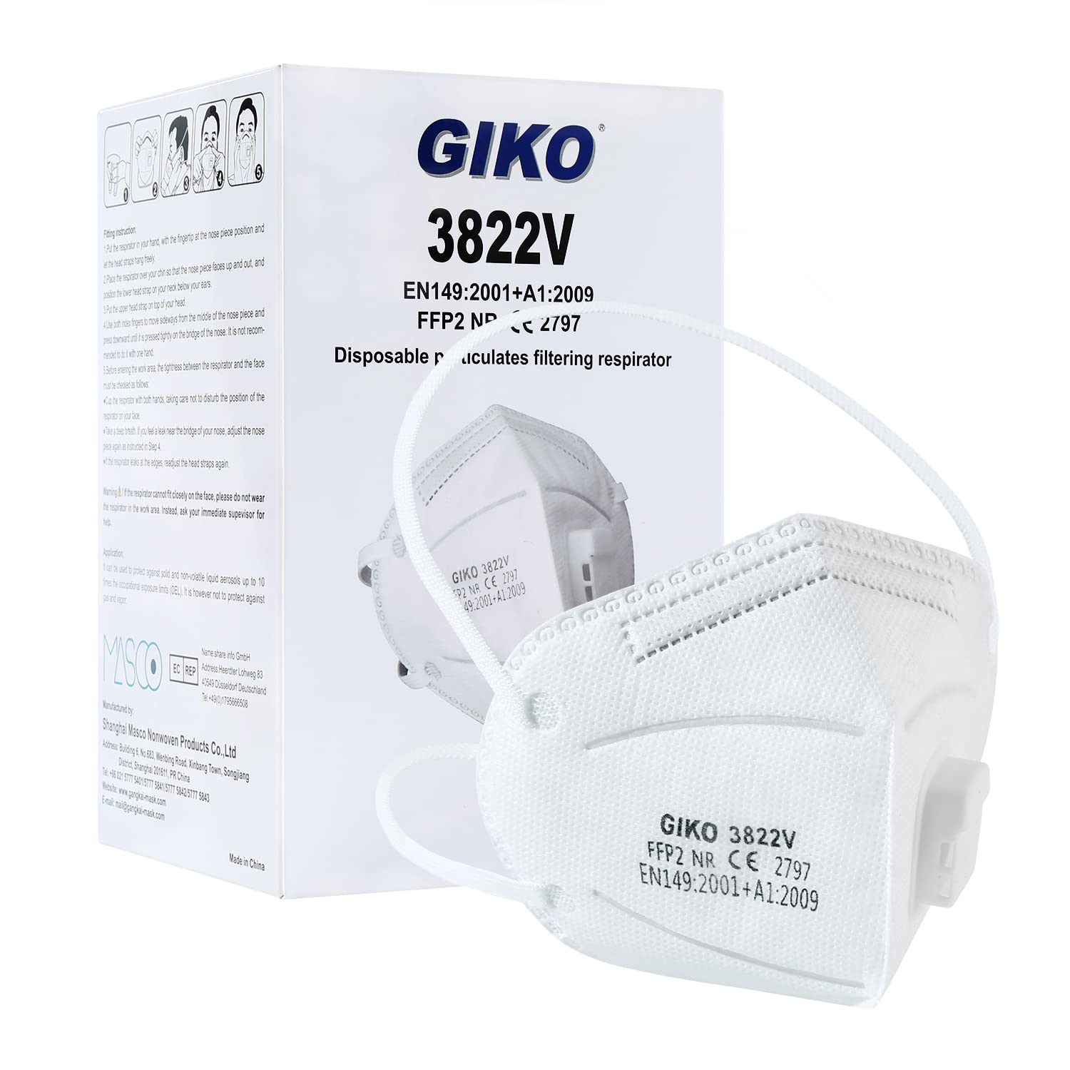 GIKO FFP2 Masks with Breathing Valve Pack of 20 Dust Masks Valved FFP2 Respirator Mask 5-Layer Protective Face Masks, White