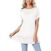 LYANER Women's Round Neck Bat Short Sleeve Ruffle Hem Casual Solid Tee Shirt Tunic Tops