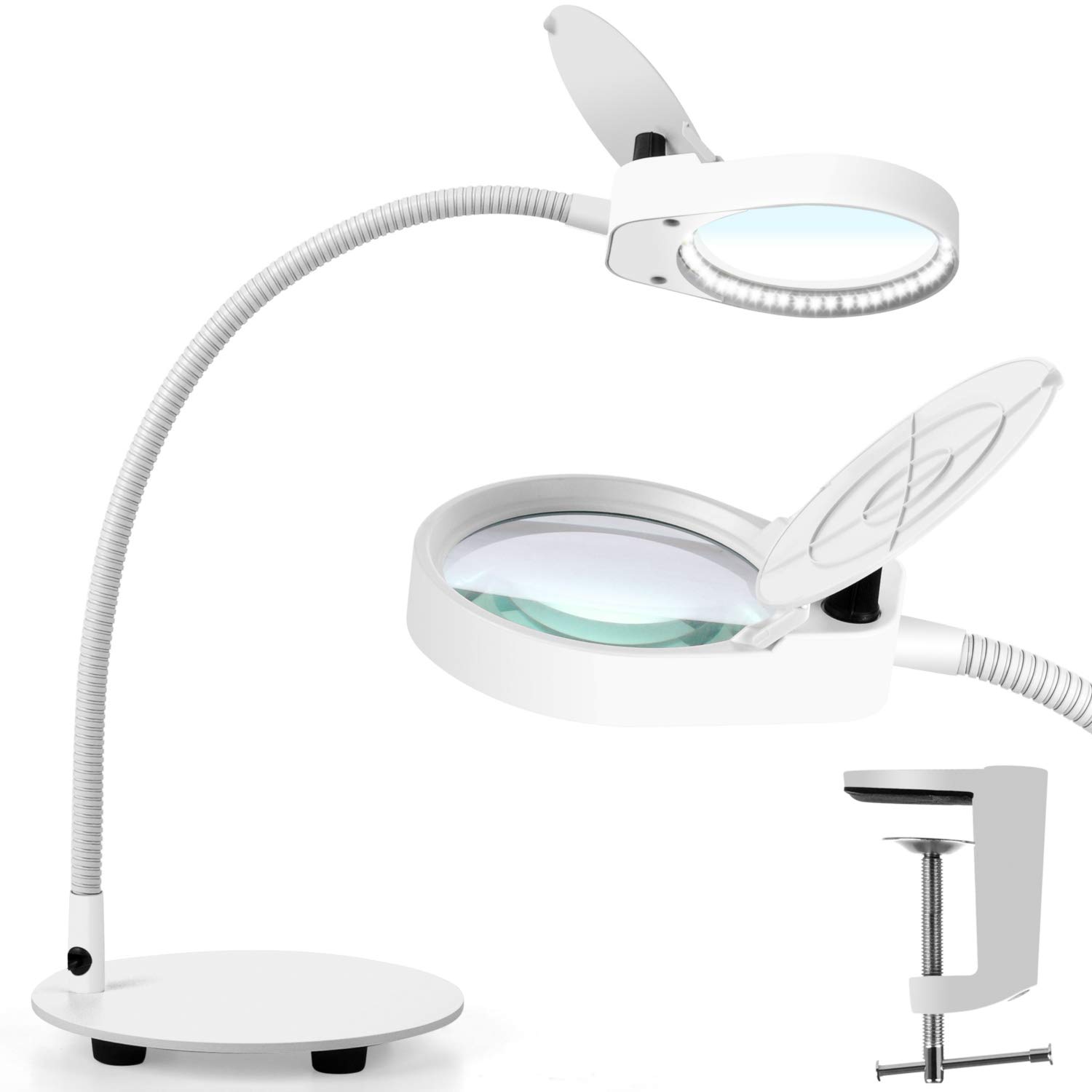 TOMSOO Dimmable Magnifying Glass Desk Lamp - 2 in 1 Daylight Lighted Magnifier with Stand & Clamp - Adjustable Gooseneck LED Light for Reading, Crafts, Hobbies, Sewing, Painting, Close Work(1.95X)